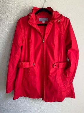 Laura Scott Bright Red Hooded Trench Coat